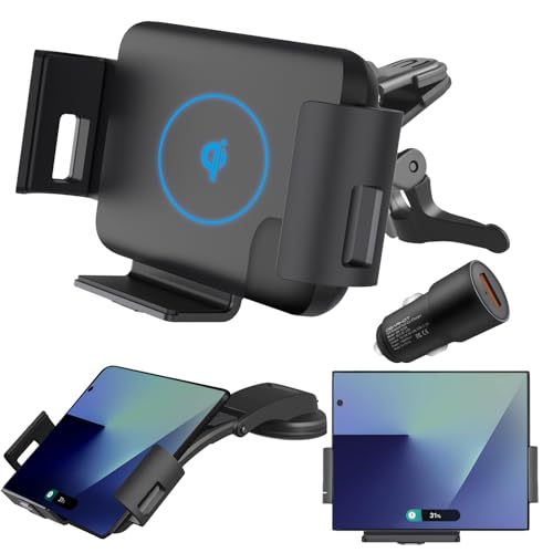 15W Qi Wireless Car Charger Mount Holder Compatible for Samsung Galaxy Z Fold7 Fold6 Fold5 Fold4 Fold3 Fold2 Fold 4.3in-6.9in Phone Auto Clamp Fast Charger