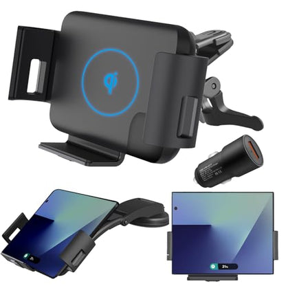 15W Qi Wireless Car Charger Mount Holder Compatible for Samsung Galaxy Z Fold7 Fold6 Fold5 Fold4 Fold3 Fold2 Fold 4.3in-6.9in Phone Auto Clamp Fast Charger
