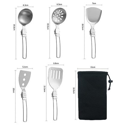 Esquirla 6Pcs Camp Cooking Utensil Set,Outdoor Kitchen Gear, Foldable Cooking Organizer Metal Camping Kitchen Utensil Set, Cookware Kit for Camp RV, BBQ