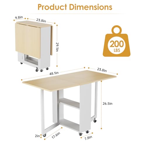 LotFun Folding Dining Table, Space-Saving Dining Table with 6 Rolling Wheels and 2-Tier Storage Shelf, Kitchen Table for Small Spaces - color: White