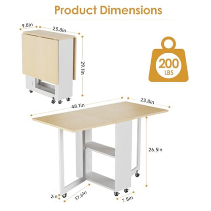 LotFun Folding Dining Table, Space-Saving Dining Table with 6 Rolling Wheels and 2-Tier Storage Shelf, Kitchen Table for Small Spaces - color: White