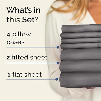 Split King 7 Piece Sheet Set - Comfy Breathable & Cooling - Soft Hotel Luxury Bedding Set with 8-16 Inch Deep Pockets - 1 Flat & 2 Fitted Sheet & 4 Pillowcases - Wrinkle Free & Easy Care - Dark Grey - color: 06 - Dark Grey, size: Split King Size