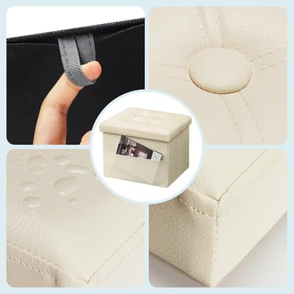 Bsketa Storage Ottoman Foot Rest Stool, Small Leather Storage Ottomans Bench, Folding Footstool with Side Pockets, Foot Rest Under Desk for Living Room Bedroom, 16x12x12 in, Beige - color: Beige-with Side Pockets.