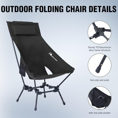 MOON LENCE Folding Portable High Back Camping Chairs for Adults, Adjustable Oversize Lightweight for Beach Hunting Hiking Backpacking (Black)