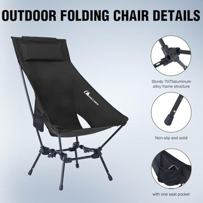 MOON LENCE Folding Portable High Back Camping Chairs for Adults, Adjustable Oversize Lightweight for Beach Hunting Hiking Backpacking (Black)