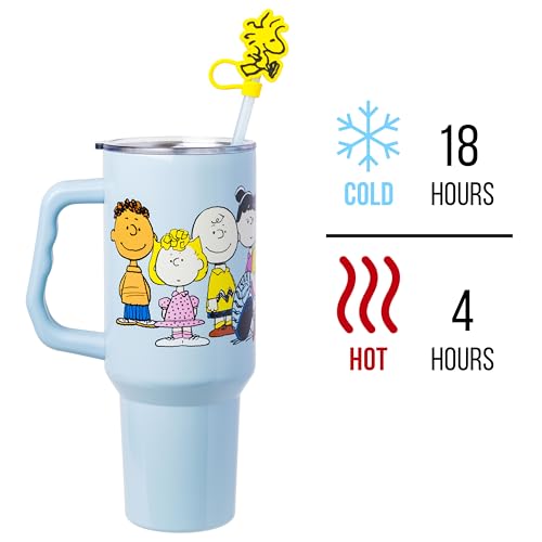 Silver Buffalo Peanuts Gang Charlie Brown, Snoopy, Woodstock, Lucy, Sally, Linus, Double Walled Stainless Steel Tumbler with Handle, Straw, and Straw Cap, Fits in Standard Cup Holder, 40 Ounces - color: Peanuts Gang Charlie Brown