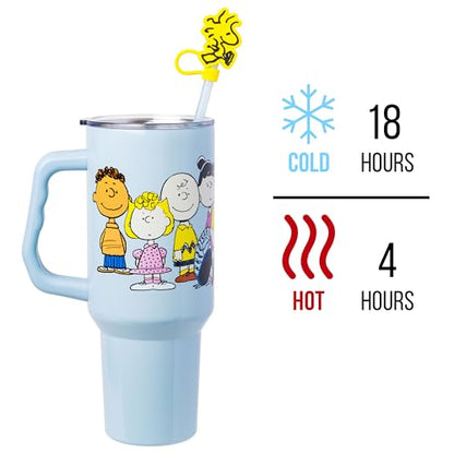 Silver Buffalo Peanuts Gang Charlie Brown, Snoopy, Woodstock, Lucy, Sally, Linus, Double Walled Stainless Steel Tumbler with Handle, Straw, and Straw Cap, Fits in Standard Cup Holder, 40 Ounces - color: Peanuts Gang Charlie Brown