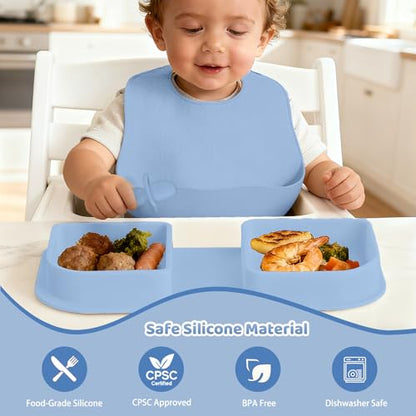 Blue Silicone Foldable Feeding Set, Travel Baby Feeding Supplies Including Toddler Plates, Silicone Baby Spoon&Fork, Adjustable Foldable Bib, Portable Infant Toddler Utensils - color: Blue