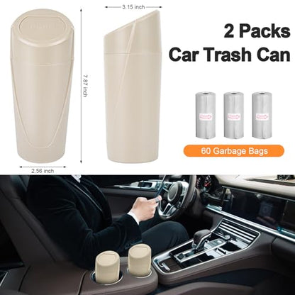 Car Trash Can, 2 Packs Mini Car Garbage Can Cup Holder with Lid | Leakproof Car Trash Bin with 60 Trash Bags, Vehicle Front Back Seat Organizers and Storage for Car, Home, Office, Beige - color: Beige