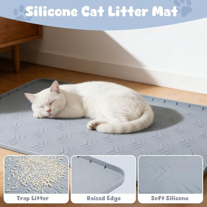 JUJOMAT Cat Litter Box Mat, 50"×35" Large Silicone Cat Litter Trapping Mat Non-Slip Gray Kitty Litter Mat for Indoor Cats, Waterproof Pet Food Mats Easy to Clean & Soft on Kitty Paws - size: 50"L x 35"W