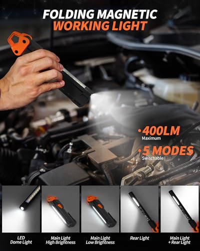 Led Work Light,400LM Foldable Mechanic Light, Rechargeable Flashlight with 5 Modes, 230° Rotate and Hook Magnetic Light for Car Repair, Camping, Grill（1 Pack Upgrade） - color: Orangey