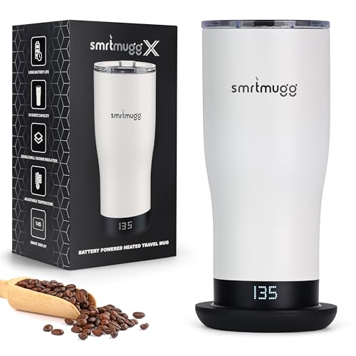 SmrtMugg X Heated Coffee Mug 19 oz., 8 Hour Battery Life, Self-Heating, Adjustable Temp Controlled, LCD Screen, Includes Cover with Magnetic Slider (Black) (White) - color: White