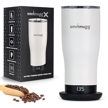 SmrtMugg X Heated Coffee Mug 19 oz., 8 Hour Battery Life, Self-Heating, Adjustable Temp Controlled, LCD Screen, Includes Cover with Magnetic Slider (Black) (White) - color: White
