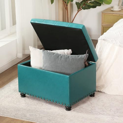 Ottoman with Storage,24" Leater Ottoman Foot Rest with Hinged Lid Small Rectangle Upholstered Tufted Foot Stools Ottomans for Bedroom Living Room Entryway,Teal Blue - color: Teal Blue