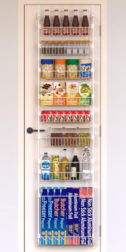 White Over the Door Pantry Organizer 8 Tier, Adjustable Basket Pantry Door Organizer and Storage, Heavy Duty Metal Kitchen Hanging Spice Rack (D5xW19xH50 Inches)