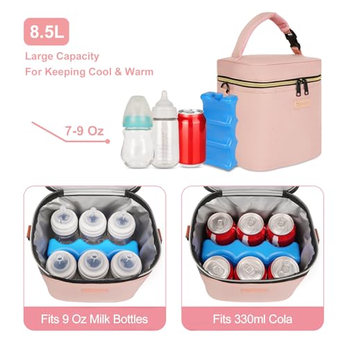 Mancro Breastmilk Cooler Bag Fits 6 Bottles Up to 9 Ounce, Insulated Baby Bottle Bag Comes with ice Pack and Shoulder Strap, Baby Bottle Cooler Bags for Daycare Nursing, Pink - color: Pink