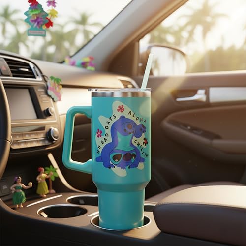 Silver Buffalo Disney Lilo and Stitch Aloha No Bad Days Chillin’ Double Walled Stainless Steel Tumbler with Handle and Straw, Fits in Standard Cup Holder, 40 Ounces - color: Disney Lilo and Stitch Chillin