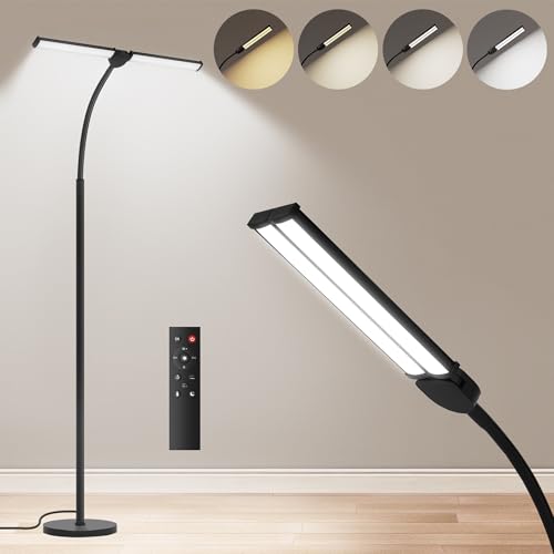 LED Floor Lamp for Living Room, Bright Reading Lamps for Office, Adjustable Colors Temperatures&Brightness, Dual Head Goose-Neck Standing Lamp, Remote and Button Control, Eye Caring Tall Lamp, Black - color: Black