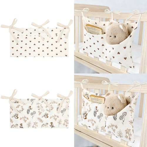 Cinaci 2pcs Cotton Pram Stroller Caddy Baby Crib Hanging Organizers Storage Pockets Nappy Diaper Bags Bedside Pockets for Milk Bottle/Soothing Toys/Wipes (Ivory Heart+Ivory Floral Set) - color: Ivory Heart+Ivory Floral Set