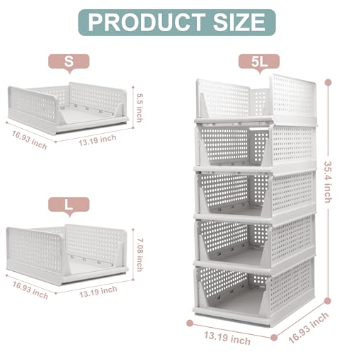 Goderewild 5 Pack Stackable Foldable Storage Baskets - Folding Storage Bins, Multifunctional Closet Organizers for Wardrobe, Cupboard - Space-Saving Clothes Storage Hat Organizer (White, 5L) - size: 5L