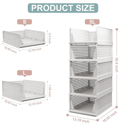 Goderewild 5 Pack Stackable Foldable Storage Baskets - Folding Storage Bins, Multifunctional Closet Organizers for Wardrobe, Cupboard - Space-Saving Clothes Storage Hat Organizer (White, 5L) - size: 5L