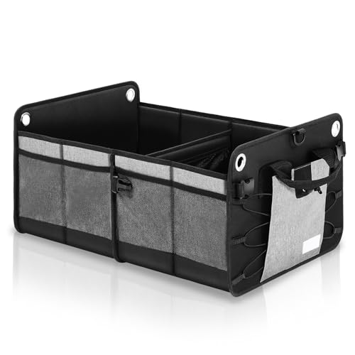 Auto Dynasty Collapsible Car Trunk Organizer, Grey Foldable Cargo Storage Container with Water Resistant Fabric for Car Accessories, SUV, Van, Tools, 2 Compartments