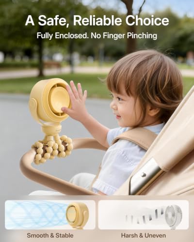 SWEETFULL Portable Stroller Fan, Pinch-Proof Baby Fan, 5-Speed Quiet Mini Clip on Fan, USB-C Rechargeable Battery, LED Display for Car Seat, Crib & Travel - Yellow - color: Yellow