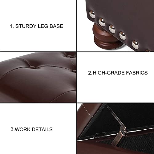 Leather Ottoman with Storage,24’’Foot Rest Ottomans with Hinged Lid Rectangle Upholstered Foot Stools Nailhead Trim for Living Room Bedroom,Dark Brown - color: Dark Brown With Button