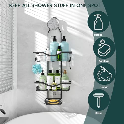 Shower Caddy Hanging Adjustable Shower Caddy, Rustproof Shower Organizer Extended Length Shower Caddies Over Shower Head with Hooks Soap Holder, Large Capacity Anti-Swing Bathroom Storage, Black - color: Black