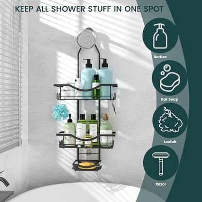 Shower Caddy Hanging Adjustable Shower Caddy, Rustproof Shower Organizer Extended Length Shower Caddies Over Shower Head with Hooks Soap Holder, Large Capacity Anti-Swing Bathroom Storage, Black - color: Black