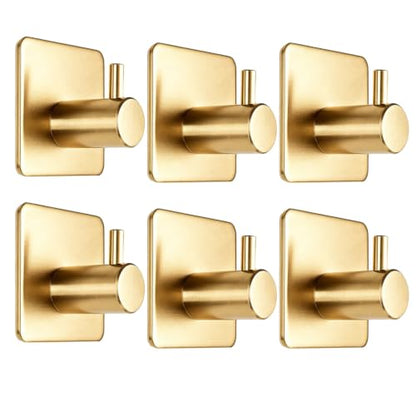 Fotosnow Gold Brushed 304 Stainless Steel Adhesive Wall Hooks, 15 lbs Heavy Duty No Drill Waterproof Rustproof Oil Resistant Anti-Slip Stick On Hooks-6 Pack - color: Gold-6 Pack