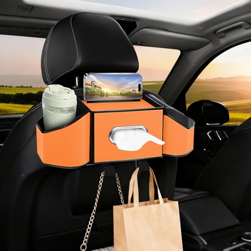 7-In-1 Car Seat Back Organizer with Cup Holders, Tissue Box, Garbage Can&Hooks, Multifunctional Headrest Storage Organizer, Headrest Cup Holder for Backseat, Car Accessories for Trips, Travels(Orange) - color: Orange