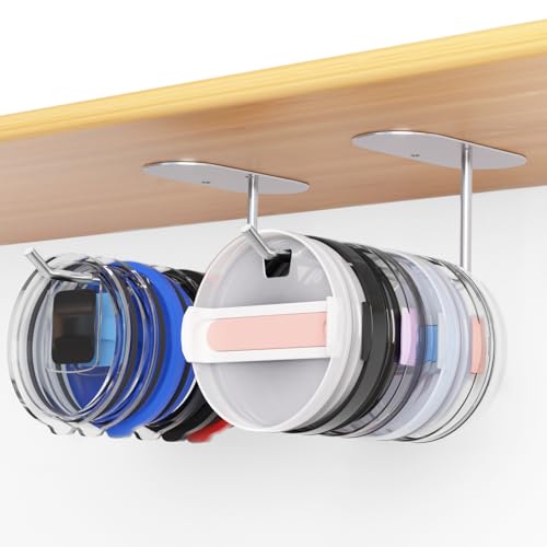 2 Pack Tumbler Lid Organizer, Space Saving Cup Lid Organizer for Yeti/Stanley/Simple Modern Tumbler Lids, Self-Adhesive or Drilling Tumbler Lid Hook for Kitchen Organizers and Storage - color: Silver+Silver