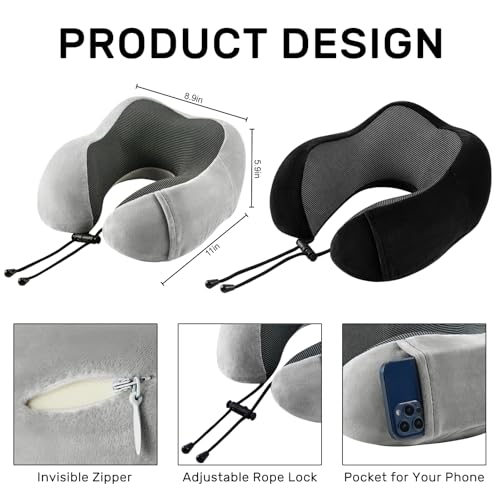 urnexttour Neck Pillow Airplane-2 Pack Memory Foam Travel Pillow, Soft Support Travel Neck Pillow for Travelling, Sleeping Rest, Car, Train and Home Use (Black&Grey) - color: Black&grey