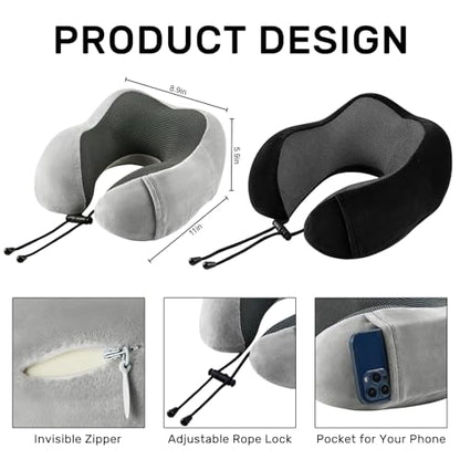 urnexttour Neck Pillow Airplane-2 Pack Memory Foam Travel Pillow, Soft Support Travel Neck Pillow for Travelling, Sleeping Rest, Car, Train and Home Use (Black&Grey) - color: Black&grey