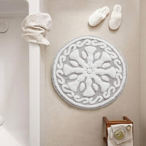 Madison Park Casablanca 100% Cotton Tufted Bathroom Rugs Luxurious Plush Medallion Floral Pattern Bath Mat Absorbent, Quick Dry, Spa Design Shower Room Décor, Rectangle 25" R, Grey - color: Grey, size: 2'1" (Round)
