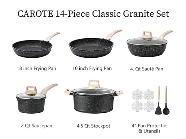 CAROTE 14Pcs Pots and Pans Set Non Stick, Cookware Sets Induction Cookware Granite Cooking Set with Frying Pans, Saucepans, Saute Pan, Extra Large Casserole - color: Black, size: 14 Piece