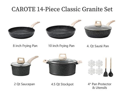 CAROTE 14Pcs Pots and Pans Set Non Stick, Cookware Sets Induction Cookware Granite Cooking Set with Frying Pans, Saucepans, Saute Pan, Extra Large Casserole - color: Black, size: 14 Piece