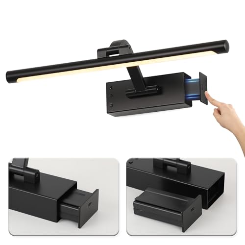 Picture Light Removable Battery Charging, 16in Wireless Art Light for Paintings, Dimmable 5000mAh Recharging Battery Picture Light with Remote Control for Pictures Display - color: Black