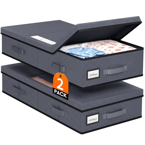 StoreHappily Under Bed Storage Containers with Lids - 2 Pack, Foldable and Stackable Clothes Storage Bags with Clear Window, 3-Sided Handles and Label Slot for Clothing, Blankets, Pillows (Grey) - color: Grey, size: 2 Pack