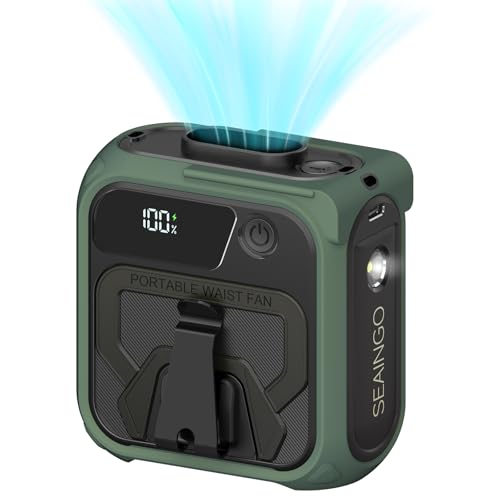 SEAINGO Portable Waist Fan Rechargeable – 10000mAh, 42 ft/s Max, 5 Speeds 16000RPM, Personal Cooling Wearable Clip Body Belt Shirt Fans, Hanging Neck Fan with Light - color: Olive Green