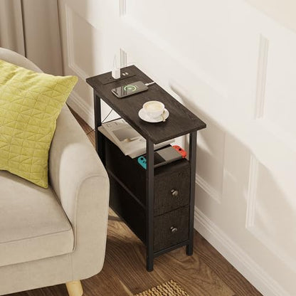TRIFEBLE End Table with Charging Station, Narrow Side Table with 2 Fabric Drawers, Skinny Nightstand with LED Light, Slim Bedside Table for Bedroom, Living Room, Small Spaces, Black - color: Black