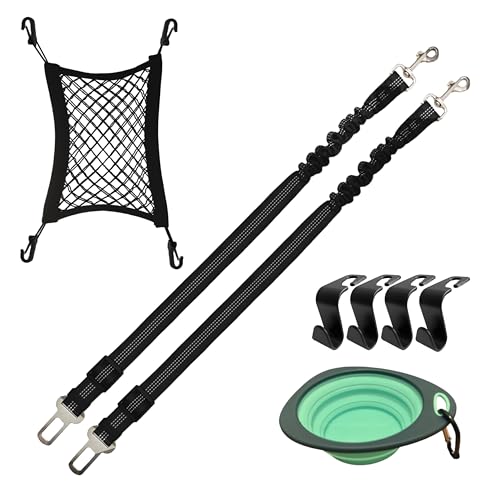 Dog Travel Kit 8PC Seat Belt Leash Barrier Net Bowl Hooks Set | Pet Car Accessories Essentials Kit, Adjustable Seat Belt Leash, Portable Collapsible Bowl, Dog Net Barrier, Headrest Hooks
