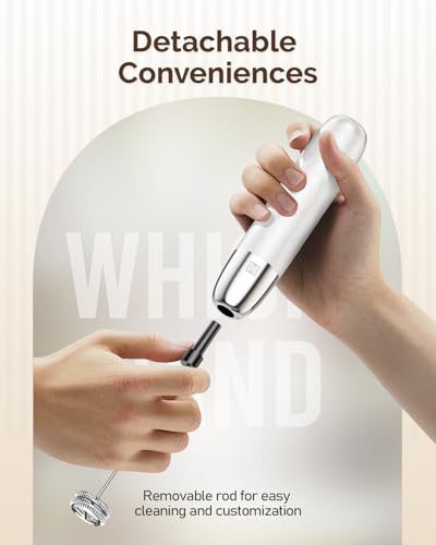 Maestri House Rechargeable Milk Frother, LunaFro Mini Handheld Electric Foam Maker Detachable Stainless Steel Whisk Drink Mixer Foamer Mini Blender for Matcha, Lattes, Cappuccino, No Stand - color: White and Silver
