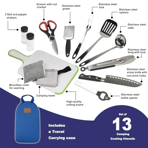 Gold Armour 13 Piece Camp Kitchen Utensil Organizer Travel Set - Essential Outdoor Camping Gear & Accessories Kit, Portable BBQ Camping Cookware Stainless Steel Travel Kit Equipment