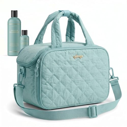 VPBAGE Large Quilted Toiletry Bag for Women, Puffy Travel Makeup Organizer with Removable Divider & Shoulder Strap, Waterproof Standing Cosmetic Case for Full-Size Toiletries, Gym, Vacation - color: Light Blue