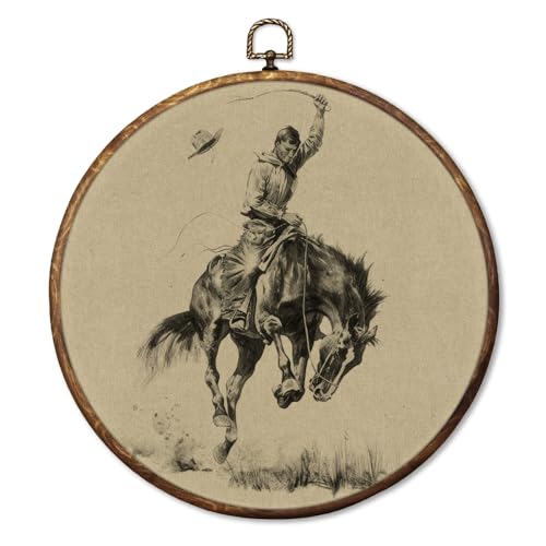 HUGANE Western Cowboy Round Wall Art Decor, Vintage Rodeo Cowboy Riding Bucking Horse Western Hanging Canvas Framed Prints Wall Sculptures for Home Living Room Office Decor, 10x10 Inch - color: Colour-3