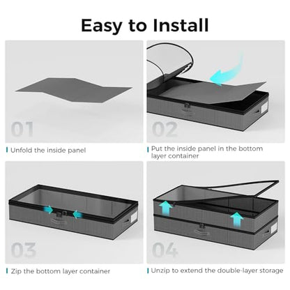 【4 compartments】2 Pack Under Bed Storage, Double Layer Extensible Underbed Storage Containers,Dust-free Clothes Storage Bins with Sturdy Sidewalls/Bottom,PVC Clear Window for Shoes Storage Organizer