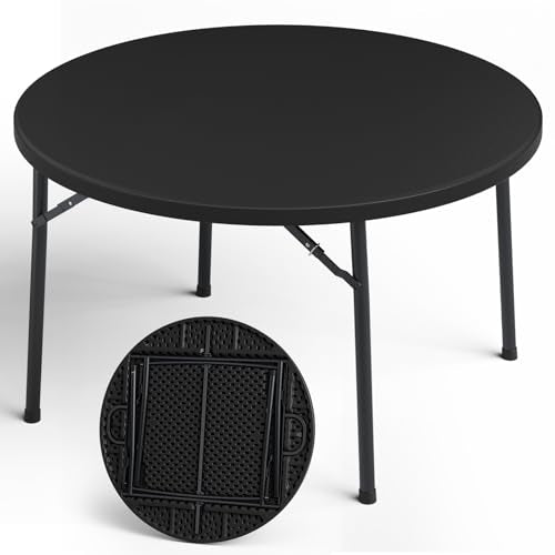 48" Folding Round Table, 48 inch Plastic Commercial Round Dinner Table with Foldable Steel Legs, Portable Banquet Card Table for Party, Events, Indoor, Outdoor, Black - color: Black, size: 48" Dia