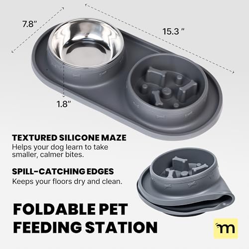 MalsiPree Puppy Slow Feeder & Water Bowl Set - 2-in-1, Gray | 2-in-1 silicone mat with 2 steel bowls - Use for puppies, slow feeding, adoption gifts & training